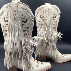 Elegant Tan Leather Cowgirl Fringe Heeled Boots "Cowboy Carter"